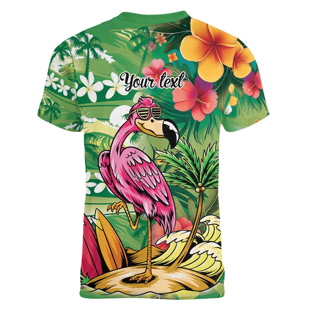 Hawaiian Flamingo Hibiscus Personalised Women V-Neck T-Shirt Green Summer Tropical Flowers LT9 - Polynesian Pride