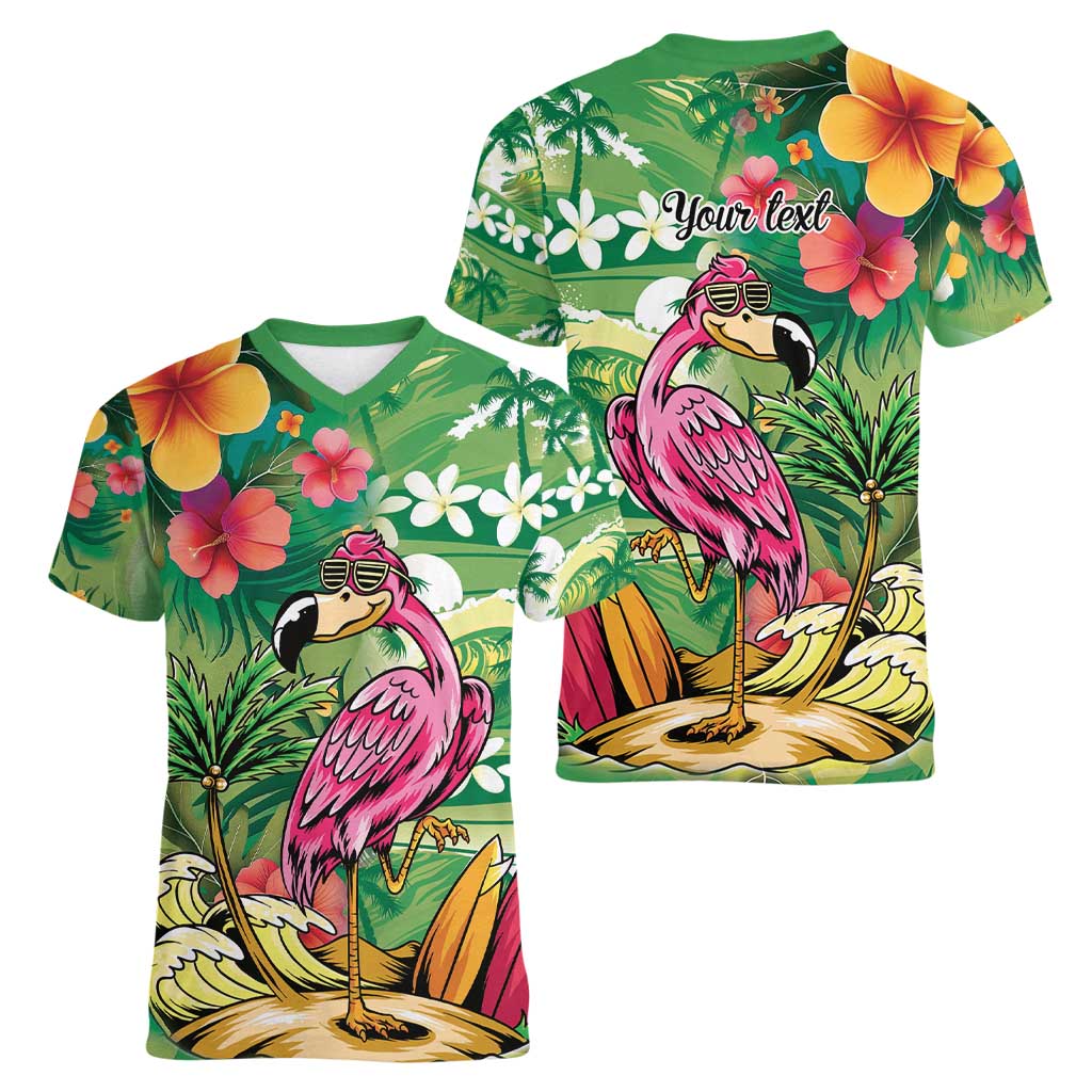 Hawaiian Flamingo Hibiscus Personalised Women V-Neck T-Shirt Green Summer Tropical Flowers LT9 - Polynesian Pride