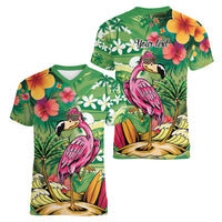 Hawaiian Flamingo Hibiscus Personalised Women V-Neck T-Shirt Green Summer Tropical Flowers LT9 - Polynesian Pride