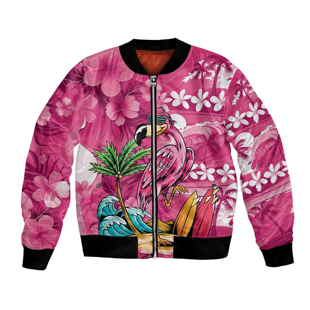 Hawaiian Flamingo Hibiscus Personalised Bomber Jacket Pink Summer Tropical Flowers LT9 Unisex Pink - Polynesian Pride