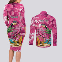 Hawaiian Flamingo Hibiscus Personalised Couples Matching Long Sleeve Bodycon Dress and Long Sleeve Button Shirt Pink Summer Tropical Flowers LT9 - Polynesian Pride