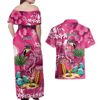Hawaiian Flamingo Hibiscus Personalised Couples Matching Off Shoulder Maxi Dress and Hawaiian Shirt Pink Summer Tropical Flowers LT9 - Polynesian Pride