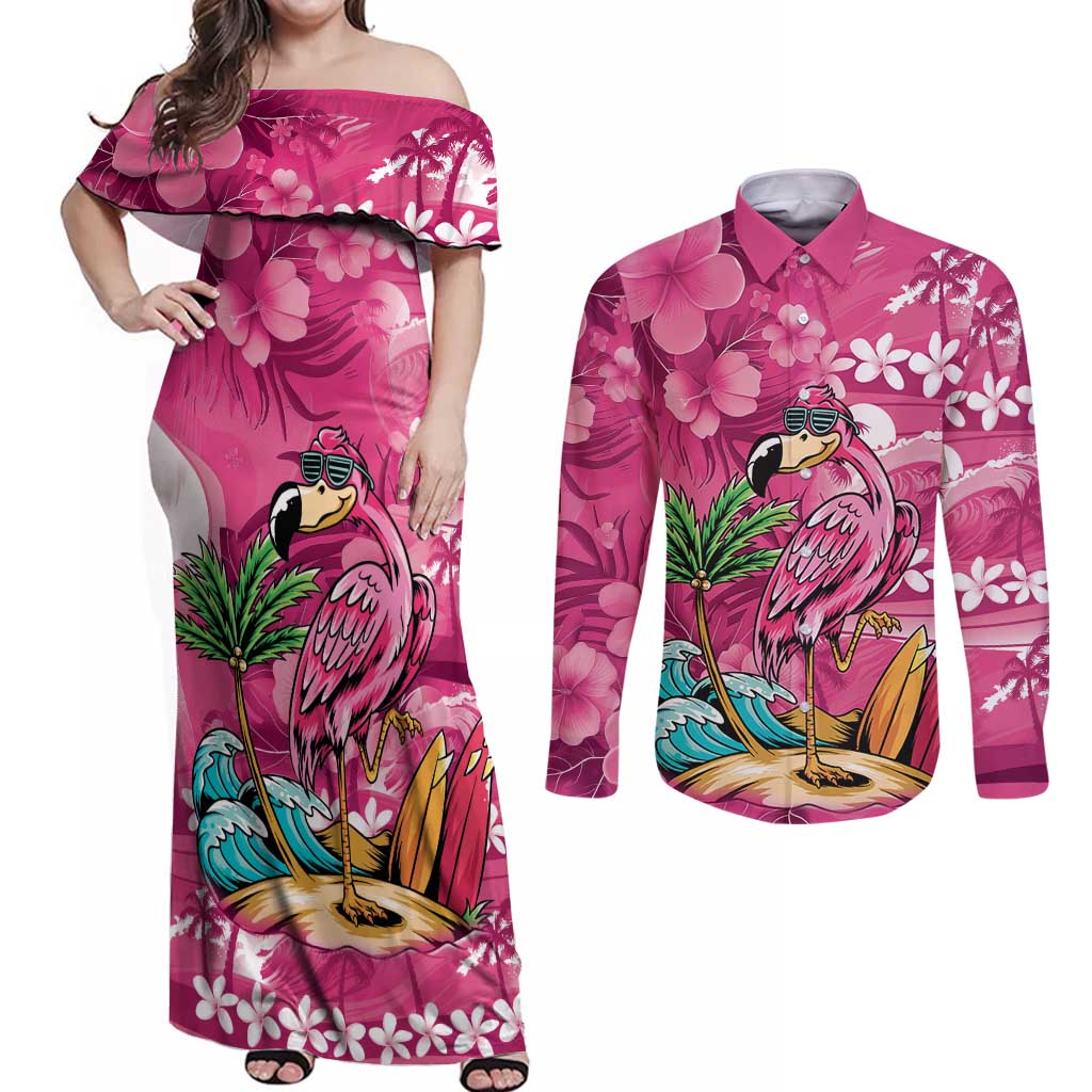 Hawaiian Flamingo Hibiscus Personalised Couples Matching Off Shoulder Maxi Dress and Long Sleeve Button Shirt Pink Summer Tropical Flowers LT9 Pink - Polynesian Pride