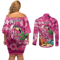 Hawaiian Flamingo Hibiscus Personalised Couples Matching Off Shoulder Short Dress and Long Sleeve Button Shirt Pink Summer Tropical Flowers LT9 - Polynesian Pride