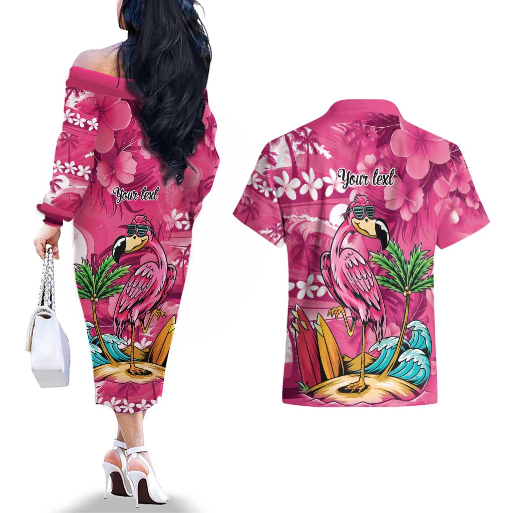 Hawaiian Flamingo Hibiscus Personalised Couples Matching Off The Shoulder Long Sleeve Dress and Hawaiian Shirt Pink Summer Tropical Flowers - Polynesian Pride