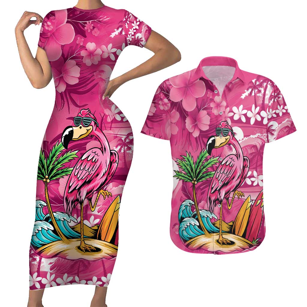 Hawaiian Flamingo Hibiscus Personalised Couples Matching Short Sleeve Bodycon Dress and Hawaiian Shirt Pink Summer Tropical Flowers - Polynesian Pride