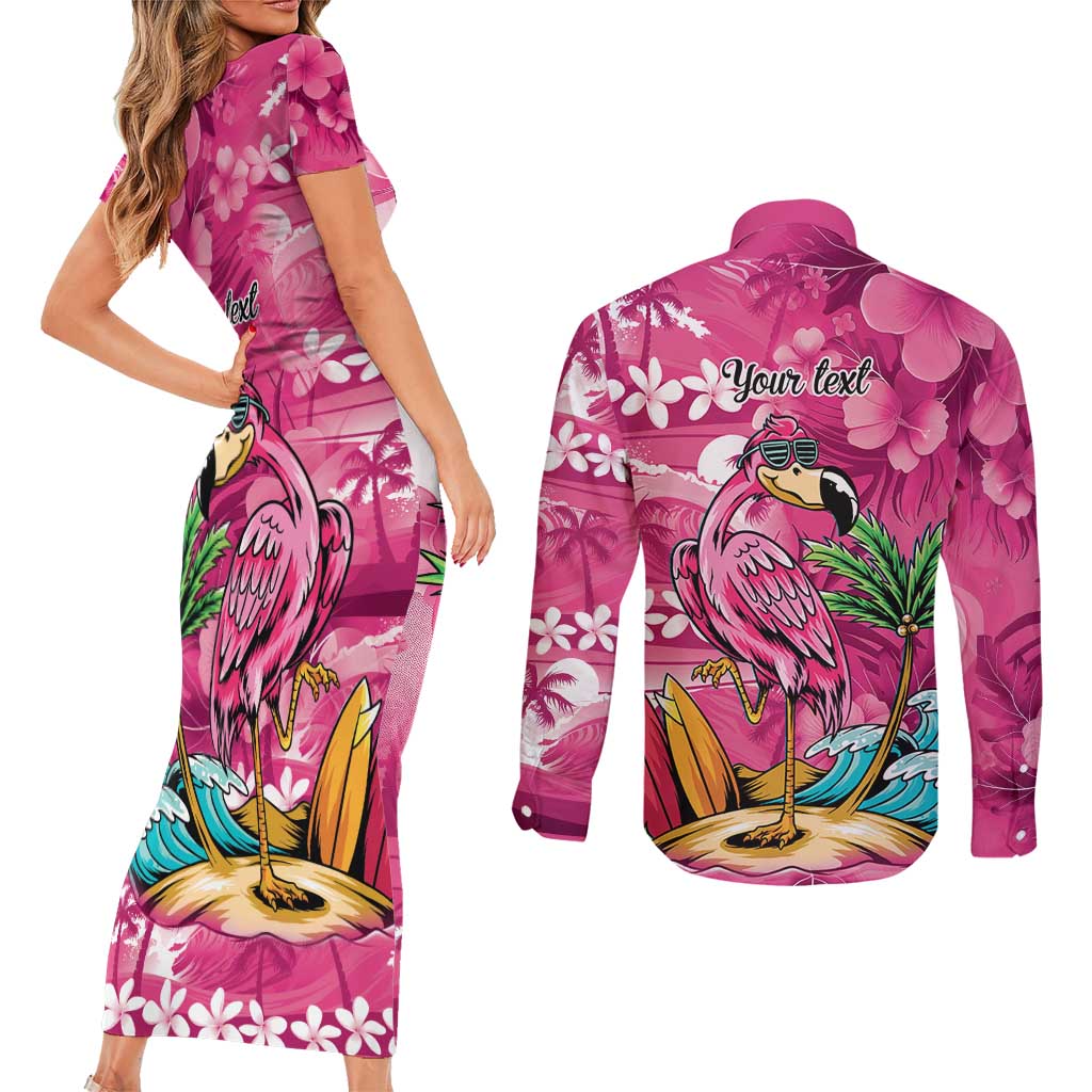 Hawaiian Flamingo Hibiscus Personalised Couples Matching Short Sleeve Bodycon Dress and Long Sleeve Button Shirt Pink Summer Tropical Flowers LT9 - Polynesian Pride