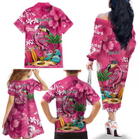 Hawaiian Flamingo Hibiscus Personalised Family Matching Off The Shoulder Long Sleeve Dress and Hawaiian Shirt Pink Summer Tropical Flowers - Polynesian Pride
