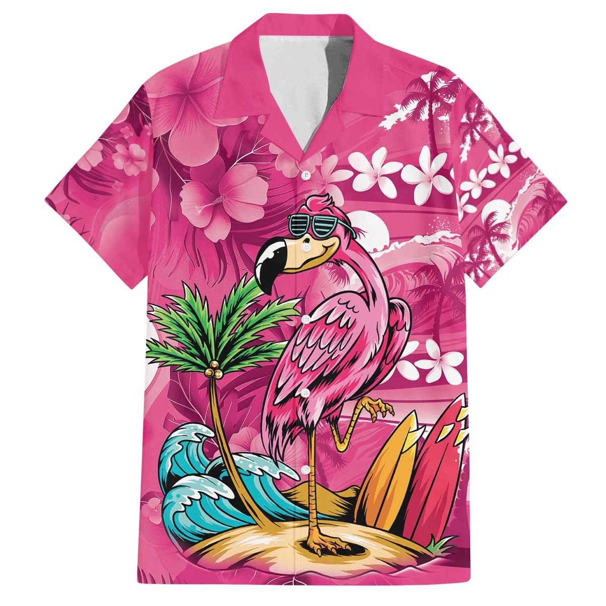 Hawaiian Flamingo Hibiscus Personalised Family Matching Off The Shoulder Long Sleeve Dress and Hawaiian Shirt Pink Summer Tropical Flowers - Polynesian Pride