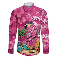 Hawaiian Flamingo Hibiscus Personalised Family Matching Off The Shoulder Long Sleeve Dress and Hawaiian Shirt Pink Summer Tropical Flowers - Polynesian Pride