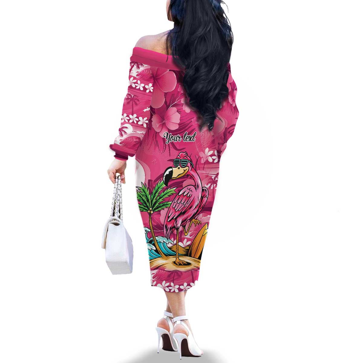 Hawaiian Flamingo Hibiscus Personalised Family Matching Off The Shoulder Long Sleeve Dress and Hawaiian Shirt Pink Summer Tropical Flowers - Polynesian Pride
