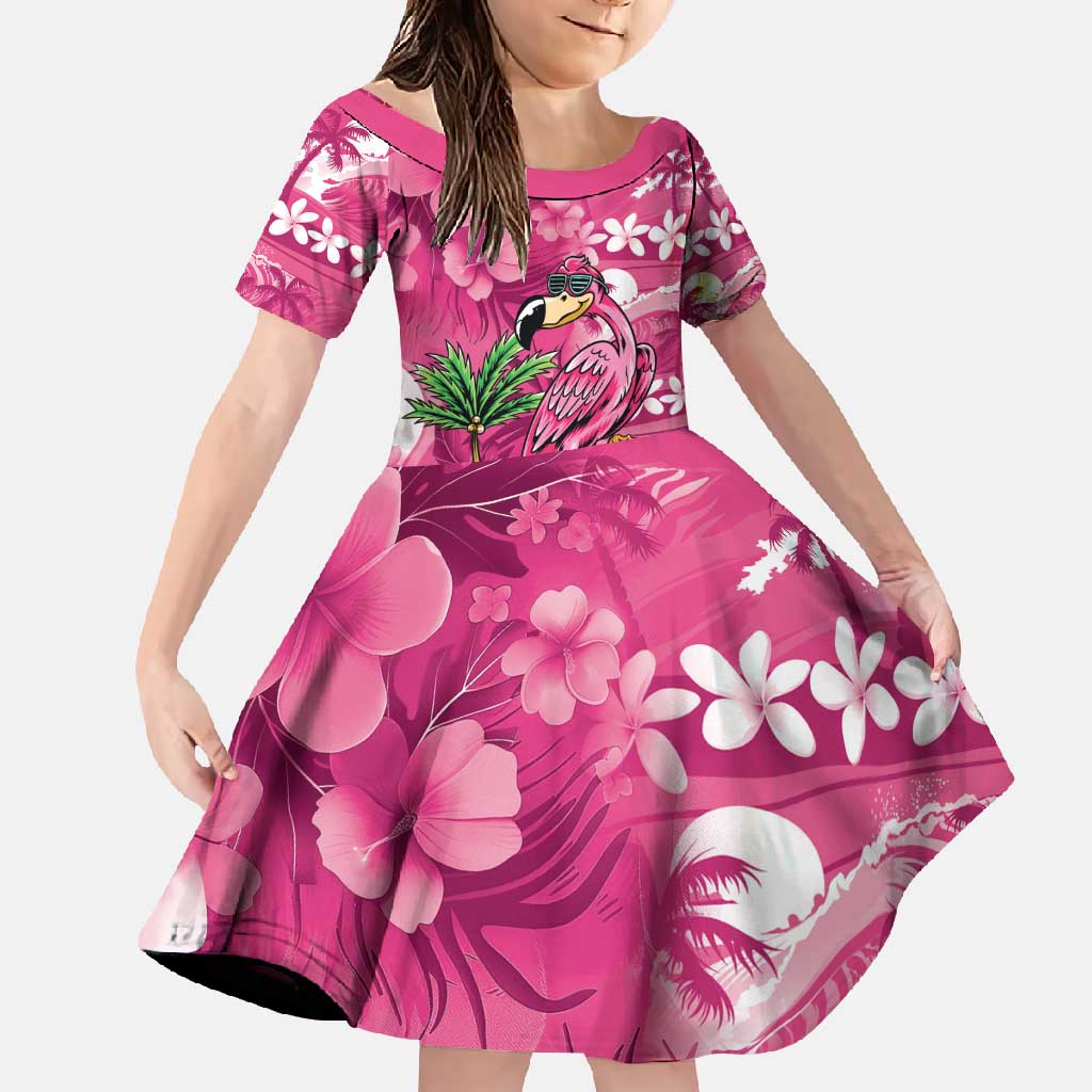 Hawaiian Flamingo Hibiscus Personalised Family Matching Off Shoulder Maxi Dress and Hawaiian Shirt Pink Summer Tropical Flowers LT9 Daughter's Dress Pink - Polynesian Pride