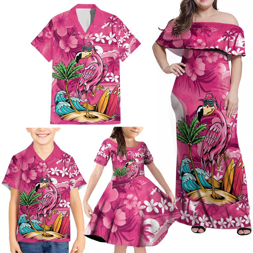 Hawaiian Flamingo Hibiscus Personalised Family Matching Off Shoulder Maxi Dress and Hawaiian Shirt Pink Summer Tropical Flowers - Polynesian Pride