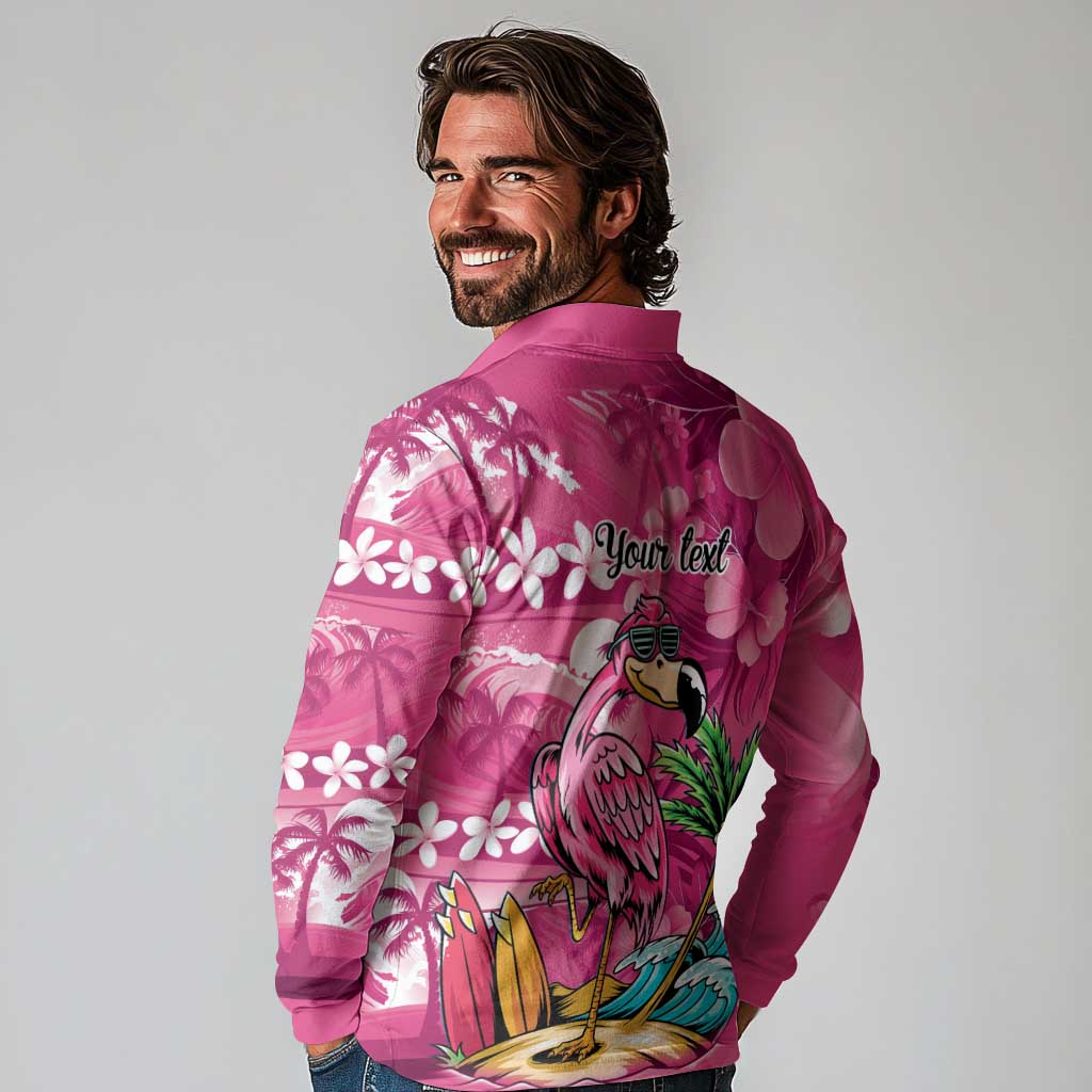 Hawaiian Flamingo Hibiscus Personalised Long Sleeve Polo Shirt Pink Summer Tropical Flowers - Polynesian Pride
