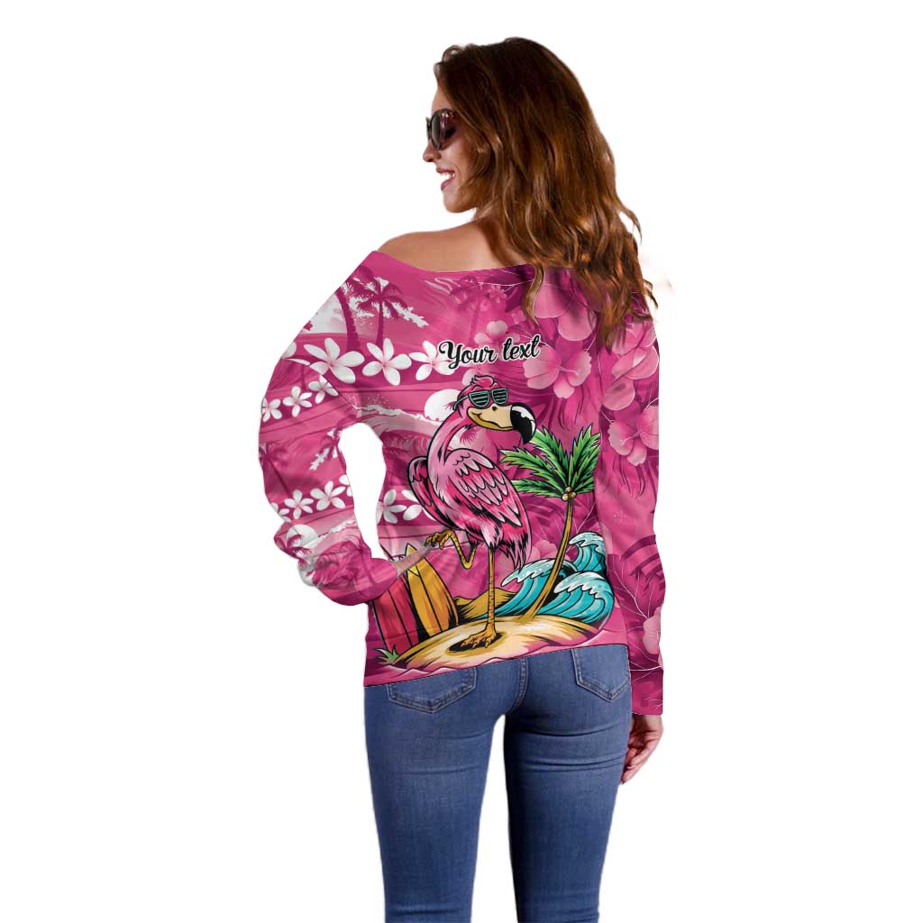 Hawaiian Flamingo Hibiscus Personalised Off Shoulder Sweater Pink Summer Tropical Flowers - Polynesian Pride
