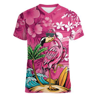 Hawaiian Flamingo Hibiscus Personalised Women V-Neck T-Shirt Pink Summer Tropical Flowers LT9 Female Pink - Polynesian Pride