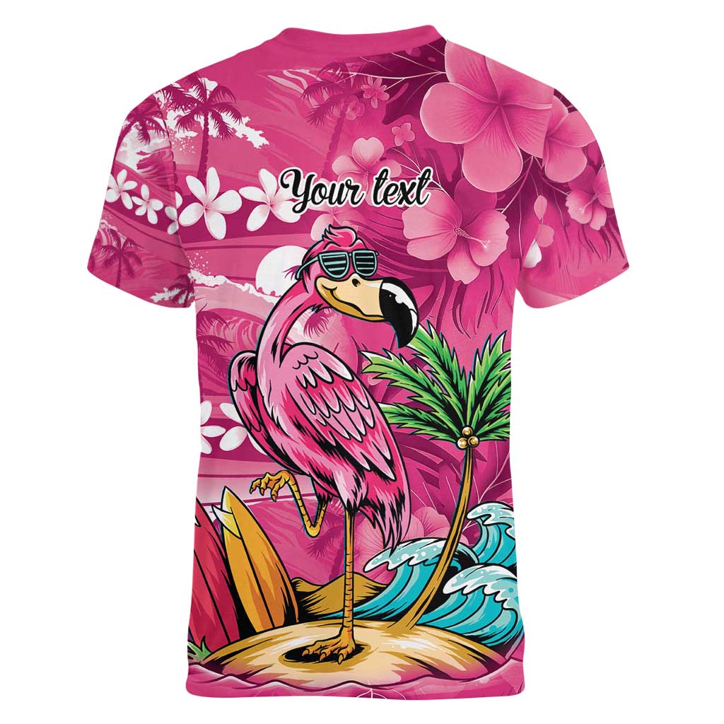 Hawaiian Flamingo Hibiscus Personalised Women V-Neck T-Shirt Pink Summer Tropical Flowers LT9 - Polynesian Pride