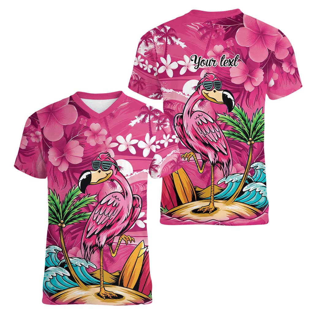 Hawaiian Flamingo Hibiscus Personalised Women V-Neck T-Shirt Pink Summer Tropical Flowers LT9 - Polynesian Pride