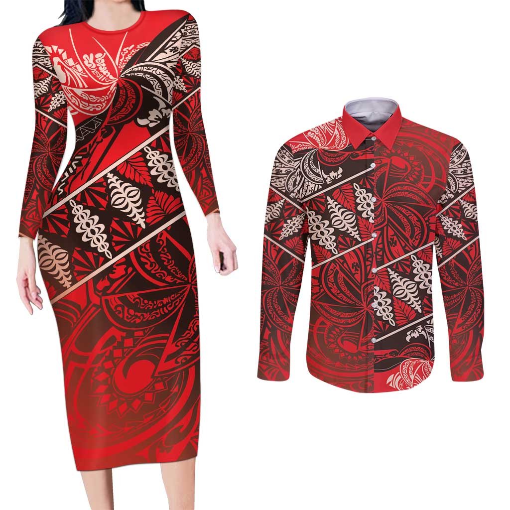 Vintage Ngatu Tribal Tonga Pattern Couples Matching Long Sleeve Bodycon Dress and Long Sleeve Button Shirt - Polynesian Pride