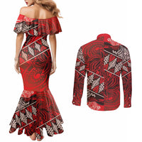 Vintage Ngatu Tribal Tonga Pattern Couples Matching Mermaid Dress and Long Sleeve Button Shirt - Polynesian Pride