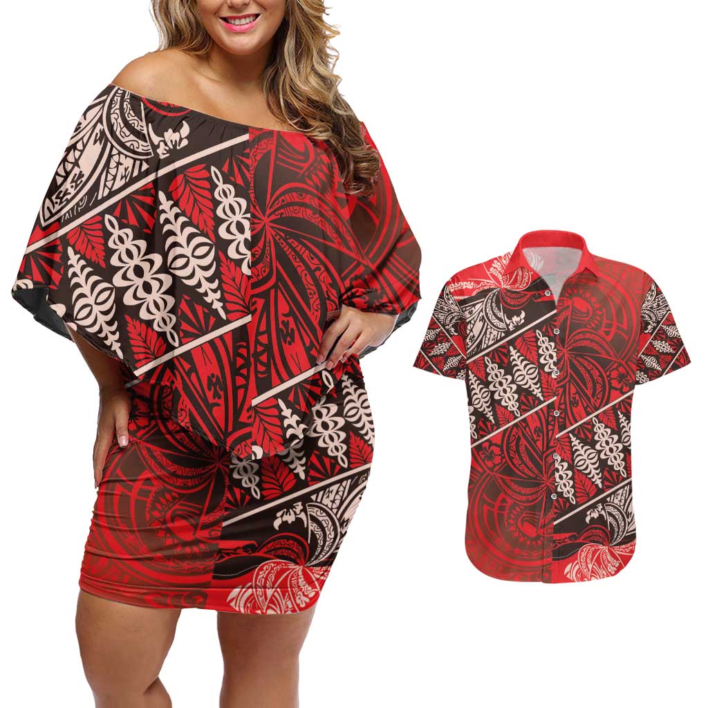 Vintage Ngatu Tribal Tonga Pattern Couples Matching Off Shoulder Short Dress and Hawaiian Shirt - Polynesian Pride
