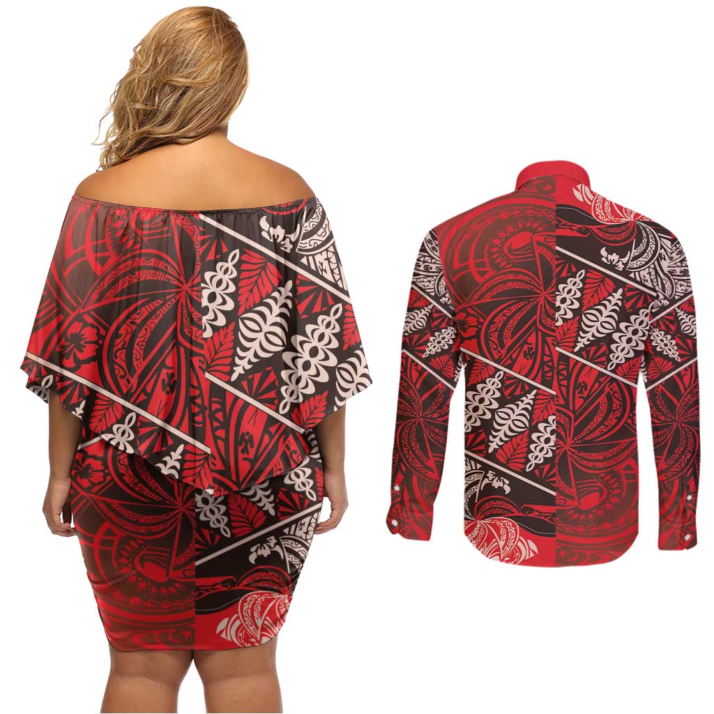 Vintage Ngatu Tribal Tonga Pattern Couples Matching Off Shoulder Short Dress and Long Sleeve Button Shirt - Polynesian Pride