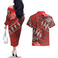 Vintage Ngatu Tribal Tonga Pattern Couples Matching Off The Shoulder Long Sleeve Dress and Hawaiian Shirt - Polynesian Pride