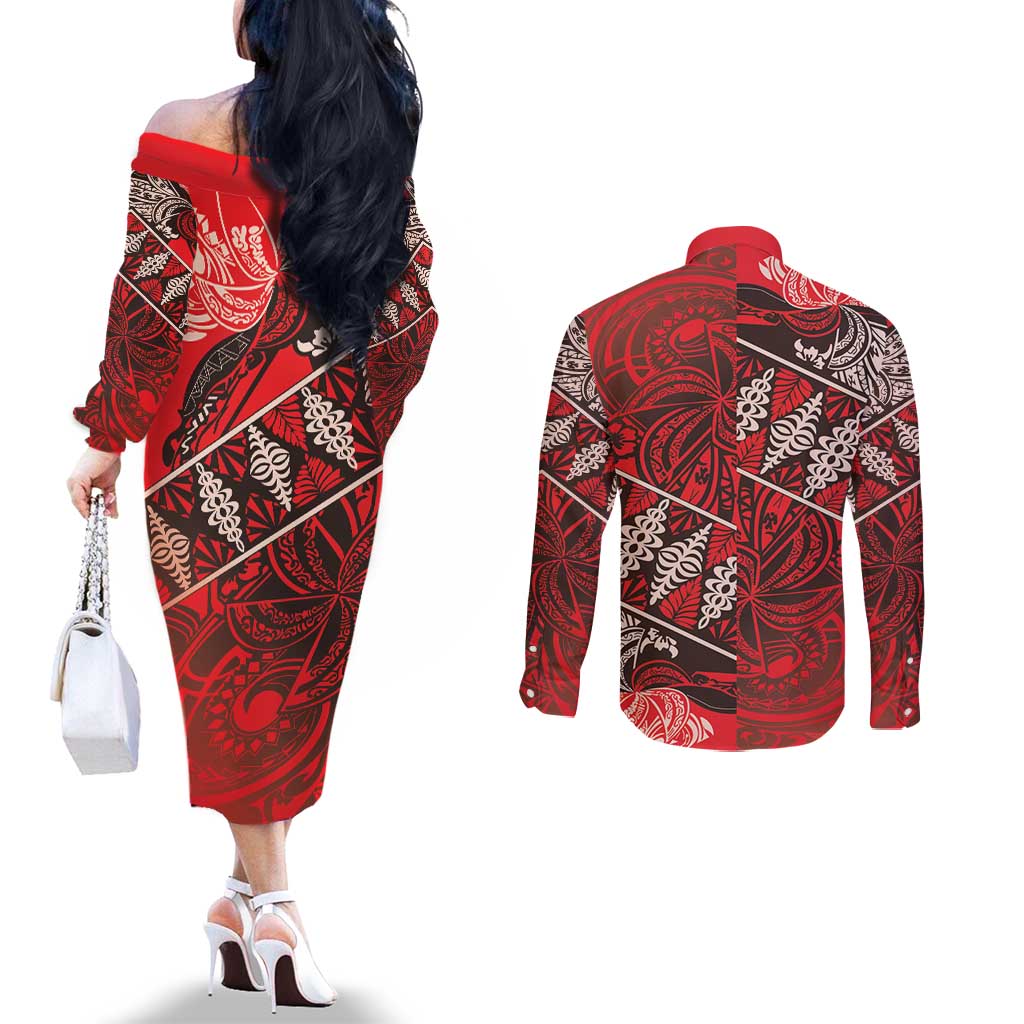 Vintage Ngatu Tribal Tonga Pattern Couples Matching Off The Shoulder Long Sleeve Dress and Long Sleeve Button Shirt - Polynesian Pride