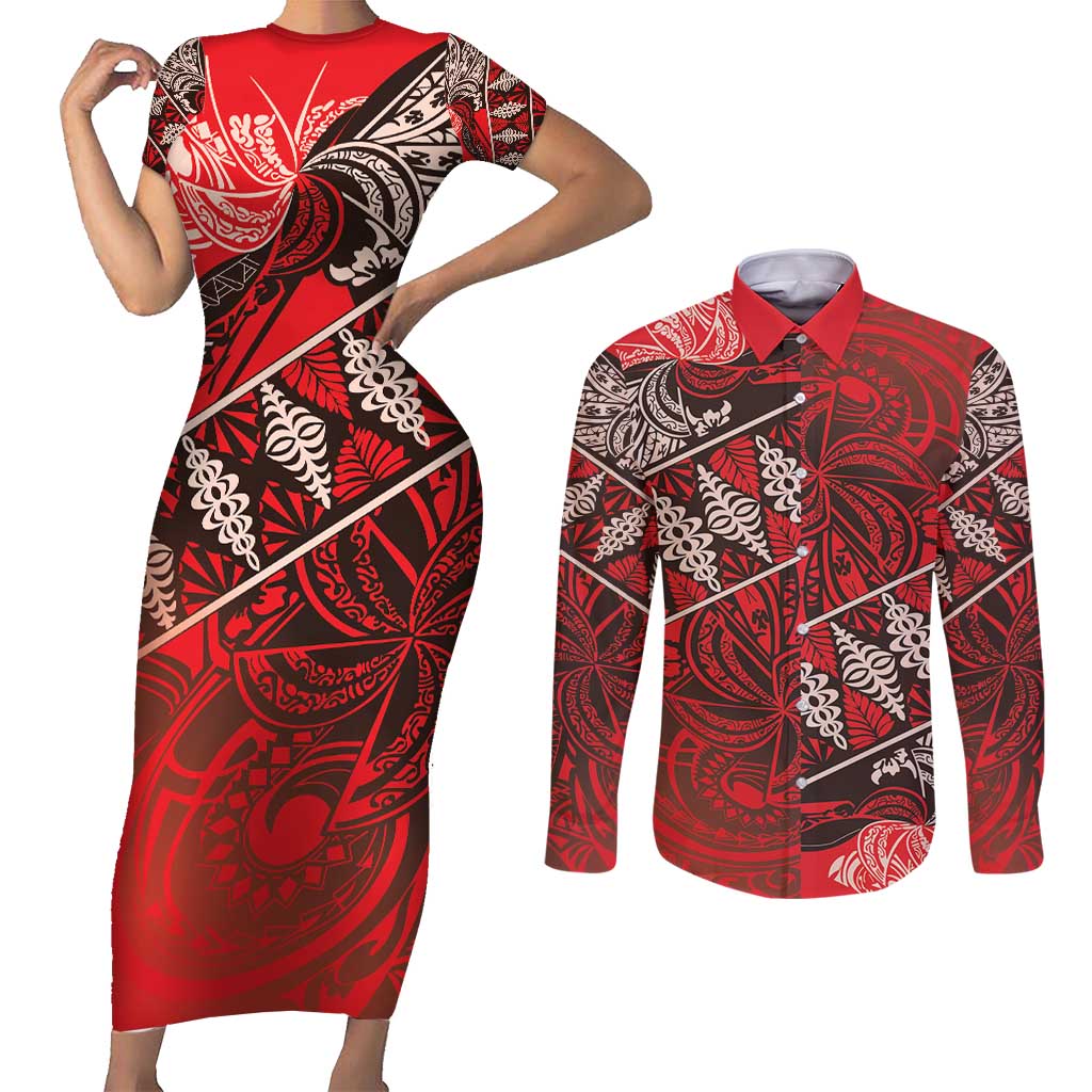 Vintage Ngatu Tribal Tonga Pattern Couples Matching Short Sleeve Bodycon Dress and Long Sleeve Button Shirt - Polynesian Pride