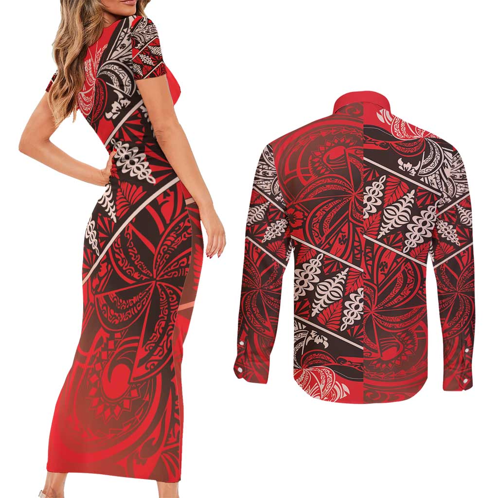 Vintage Ngatu Tribal Tonga Pattern Couples Matching Short Sleeve Bodycon Dress and Long Sleeve Button Shirt - Polynesian Pride