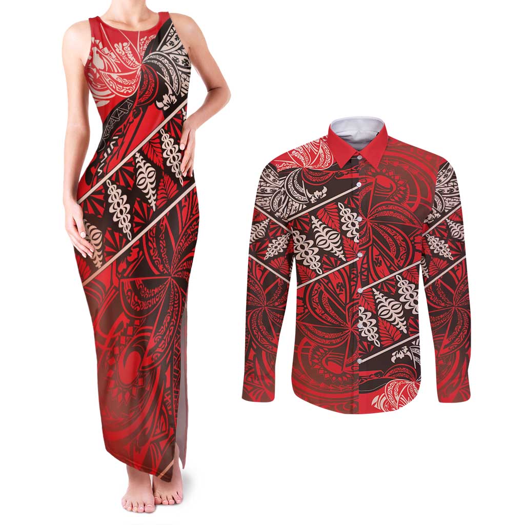 Vintage Ngatu Tribal Tonga Pattern Couples Matching Tank Maxi Dress and Long Sleeve Button Shirt - Polynesian Pride