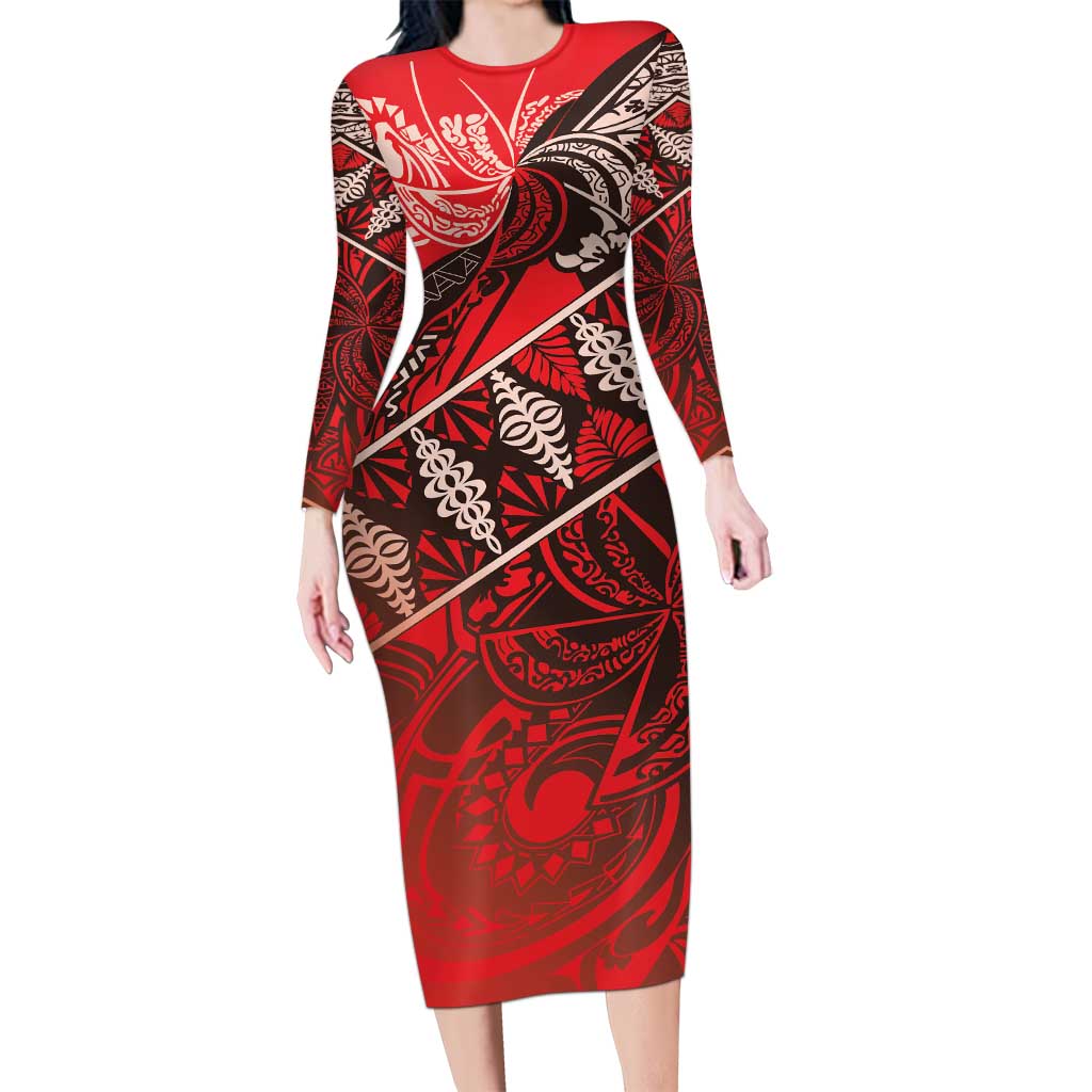 Vintage Ngatu Tribal Tonga Pattern Long Sleeve Bodycon Dress - Polynesian Pride
