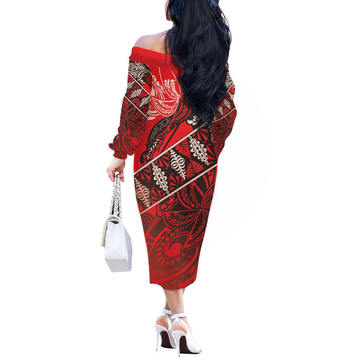 Vintage Ngatu Tribal Tonga Pattern Off The Shoulder Long Sleeve Dress - Polynesian Pride