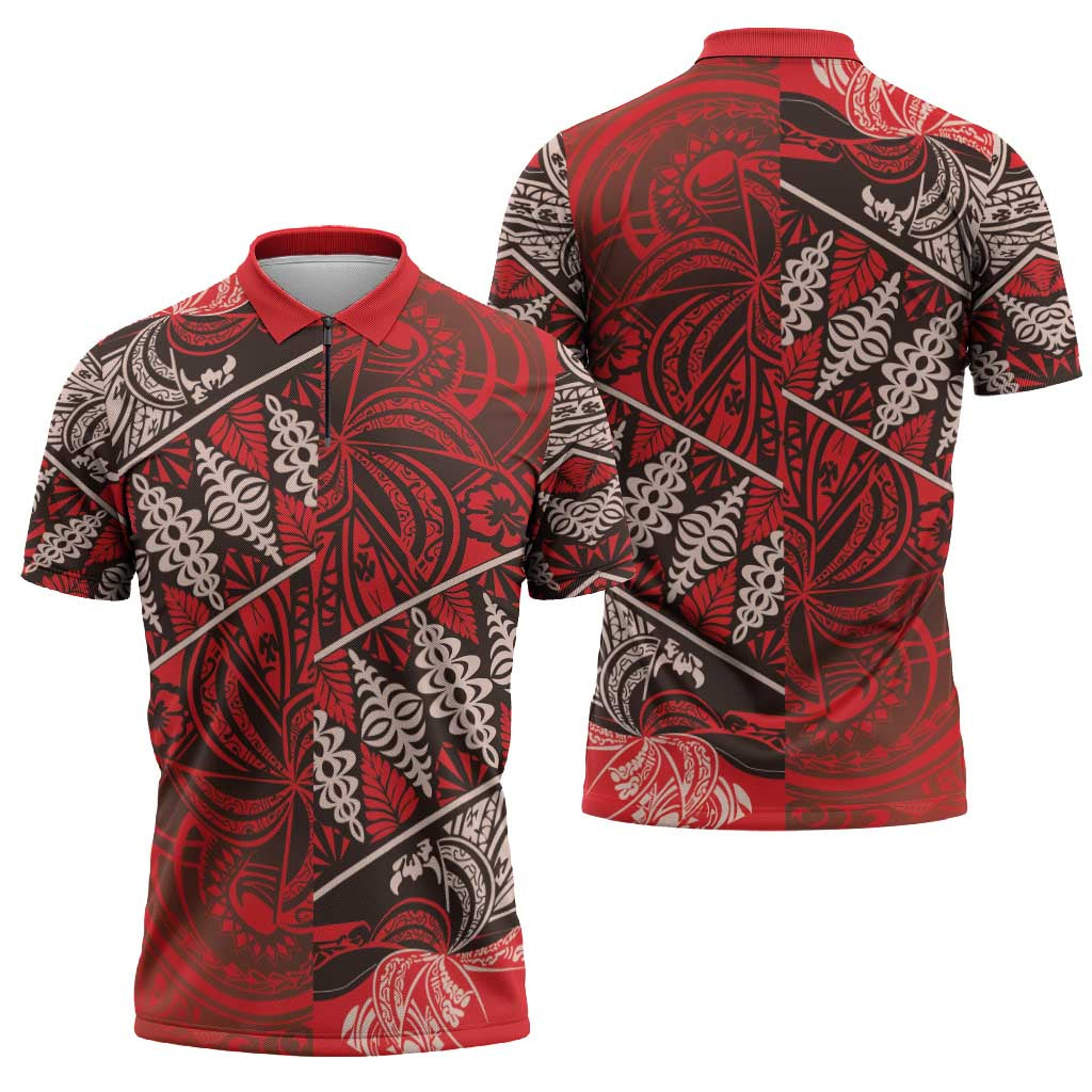 Vintage Ngatu Tribal Tonga Pattern Zipper Polo Shirt - Polynesian Pride