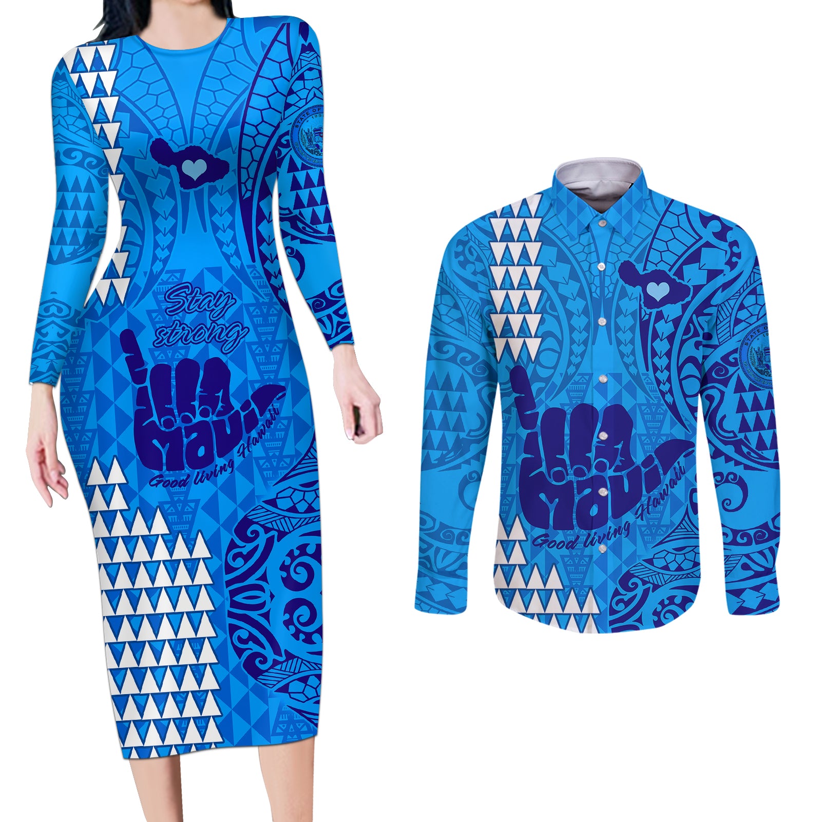 Strong Maui Couples Matching Long Sleeve Bodycon Dress and Long Sleeve Button Shirts Good Living Hawaii with Shaka Sign Kakau Tribal Blue LT9 Blue - Polynesian Pride