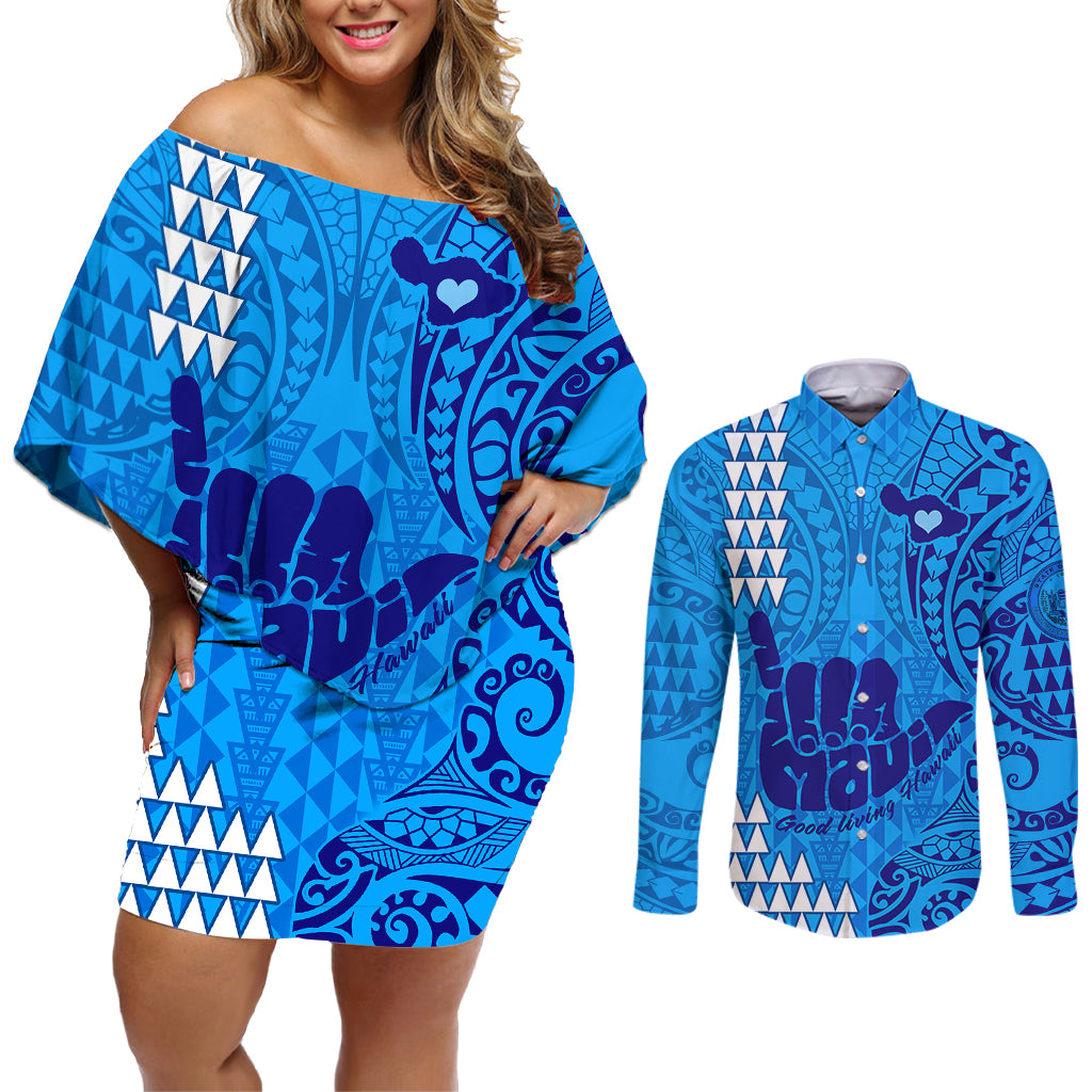 Strong Maui Couples Matching Off Shoulder Short Dress and Long Sleeve Button Shirts Good Living Hawaii with Shaka Sign Kakau Tribal Blue LT9 Blue - Polynesian Pride
