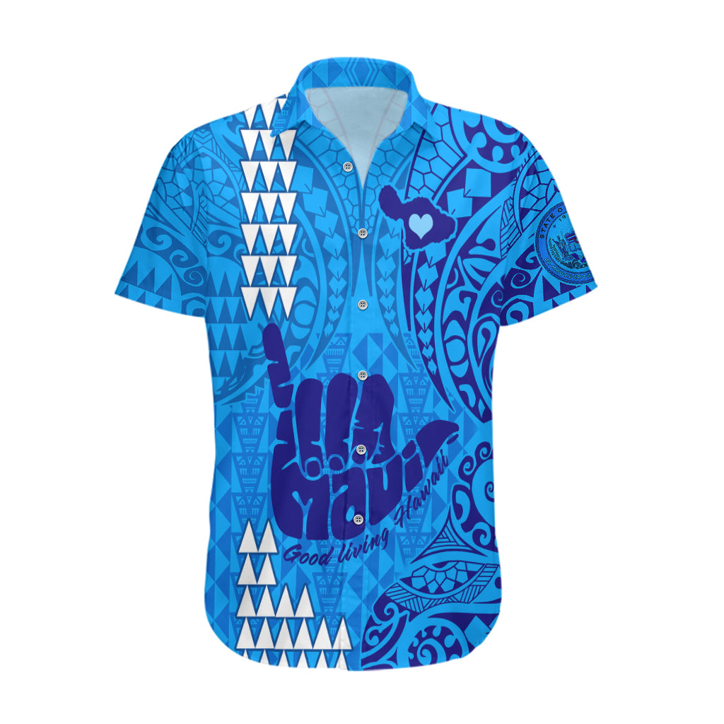 Strong Maui Hawaiian Shirt Good Living Hawaii with Shaka Sign Kakau Tribal Blue LT9 Blue - Polynesian Pride