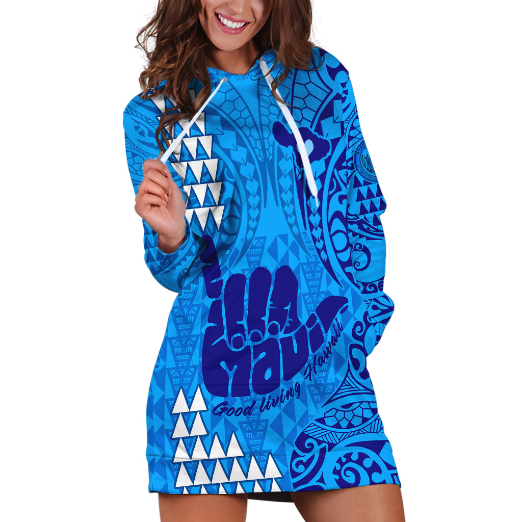 Strong Maui Hoodie Dress Good Living Hawaii with Shaka Sign Kakau Tribal Blue LT9 Blue - Polynesian Pride