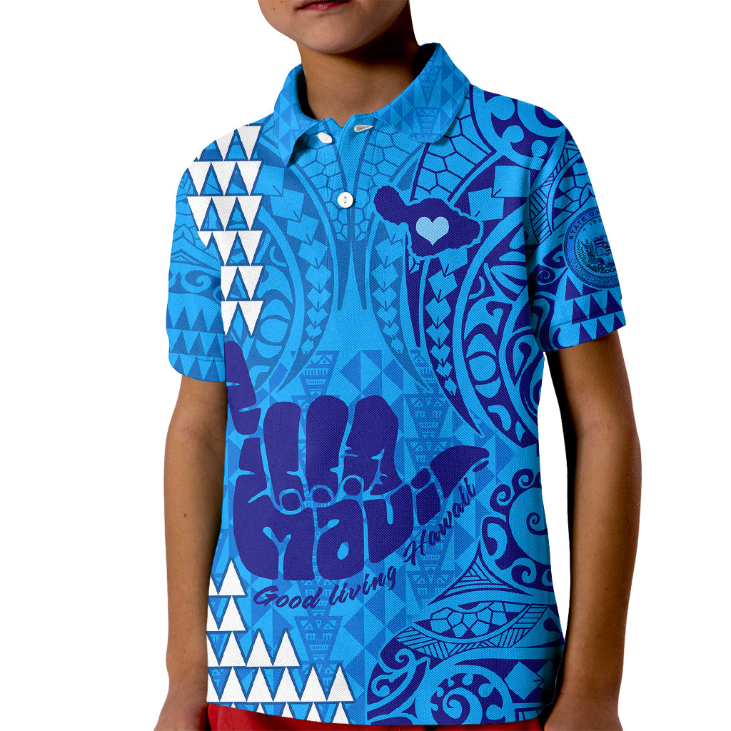 Strong Maui Kid Polo Shirt Good Living Hawaii with Shaka Sign Kakau Tribal Blue LT9 Kid Blue - Polynesian Pride
