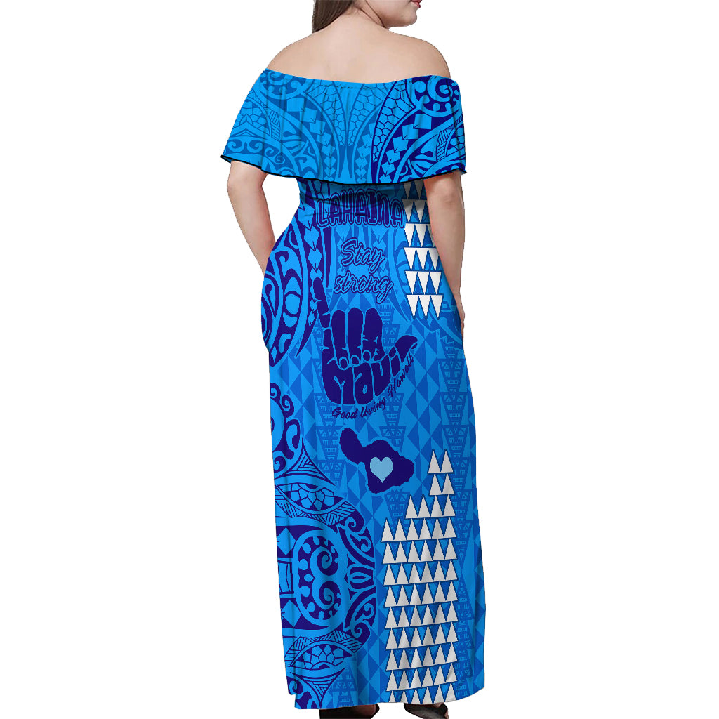Strong Maui Off Shoulder Maxi Dress Good Living Hawaii with Shaka Sign Kakau Tribal Blue LT9 - Polynesian Pride