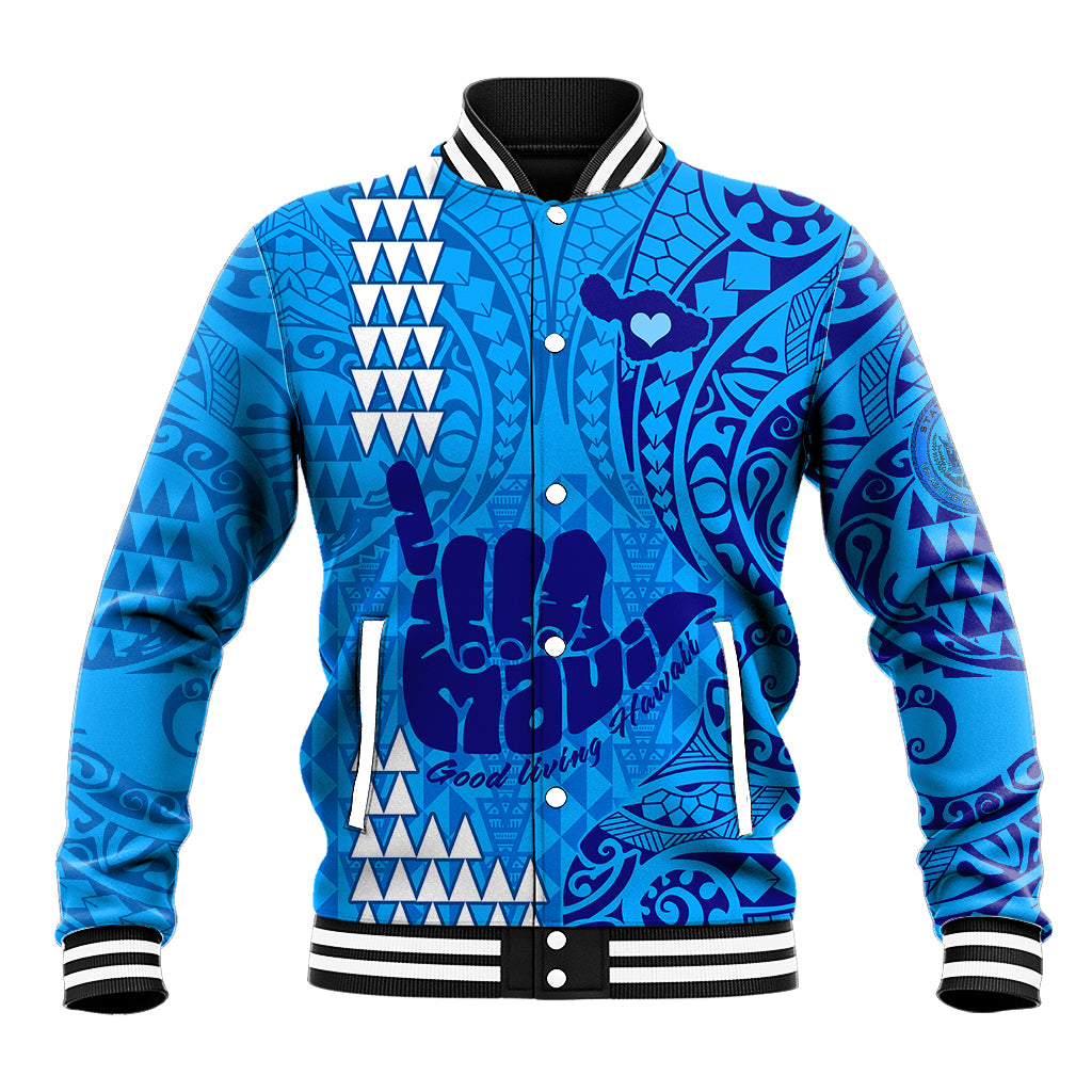 Personalised Strong Maui Baseball Jacket Good Living Hawaii with Shaka Sign Kakau Tribal Blue LT9 Unisex Blue - Polynesian Pride