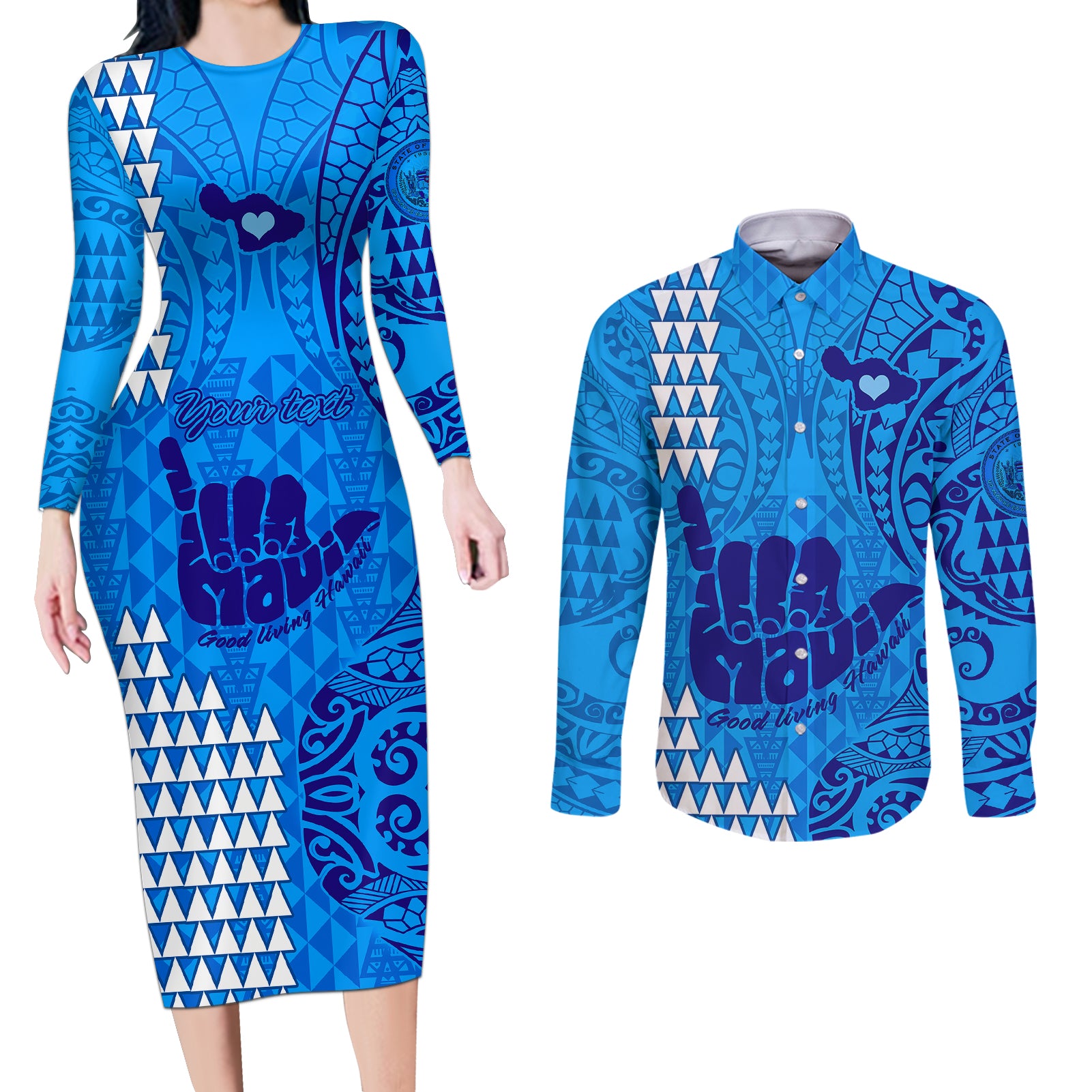 Personalised Strong Maui Couples Matching Long Sleeve Bodycon Dress and Long Sleeve Button Shirts Good Living Hawaii with Shaka Sign Kakau Tribal Blue LT9 Blue - Polynesian Pride