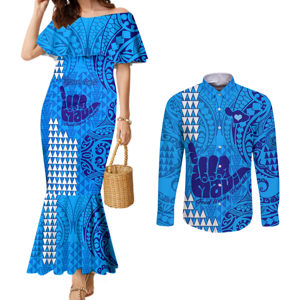 Personalised Strong Maui Couples Matching Mermaid Dress and Long Sleeve Button Shirts Good Living Hawaii with Shaka Sign Kakau Tribal Blue LT9 Blue - Polynesian Pride