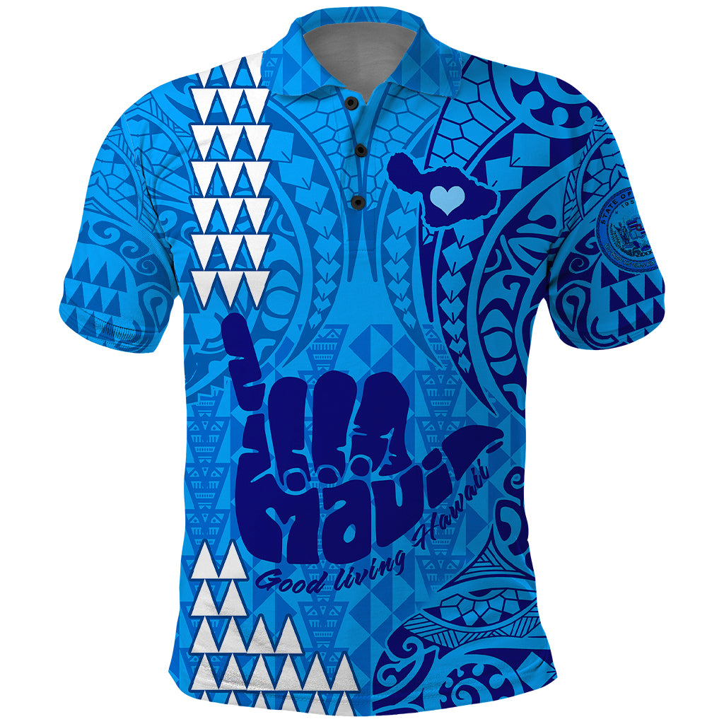 Personalised Strong Maui Polo Shirt Good Living Hawaii with Shaka Sign Kakau Tribal Blue LT9 Blue - Polynesian Pride