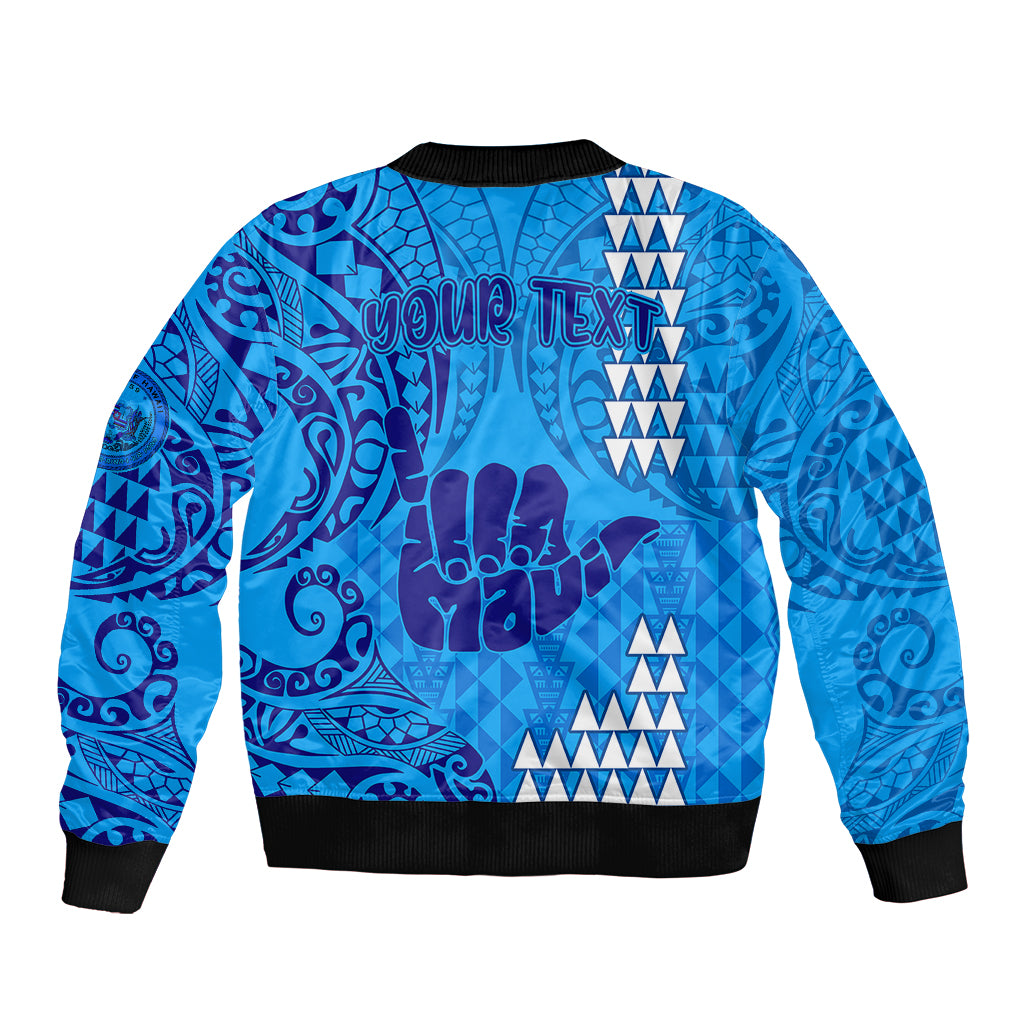 Personalised Strong Maui Sleeve Zip Bomber Jacket Good Living Hawaii with Shaka Sign Kakau Tribal Blue LT9 - Polynesian Pride