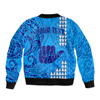 Personalised Strong Maui Sleeve Zip Bomber Jacket Good Living Hawaii with Shaka Sign Kakau Tribal Blue LT9 - Polynesian Pride