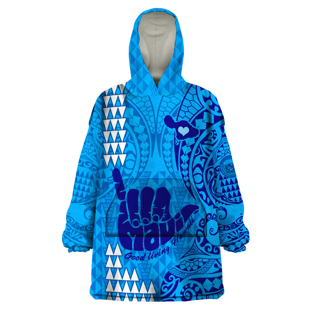 Personalised Strong Maui Wearable Blanket Hoodie Good Living Hawaii with Shaka Sign Kakau Tribal Blue LT9 One Size Blue - Polynesian Pride