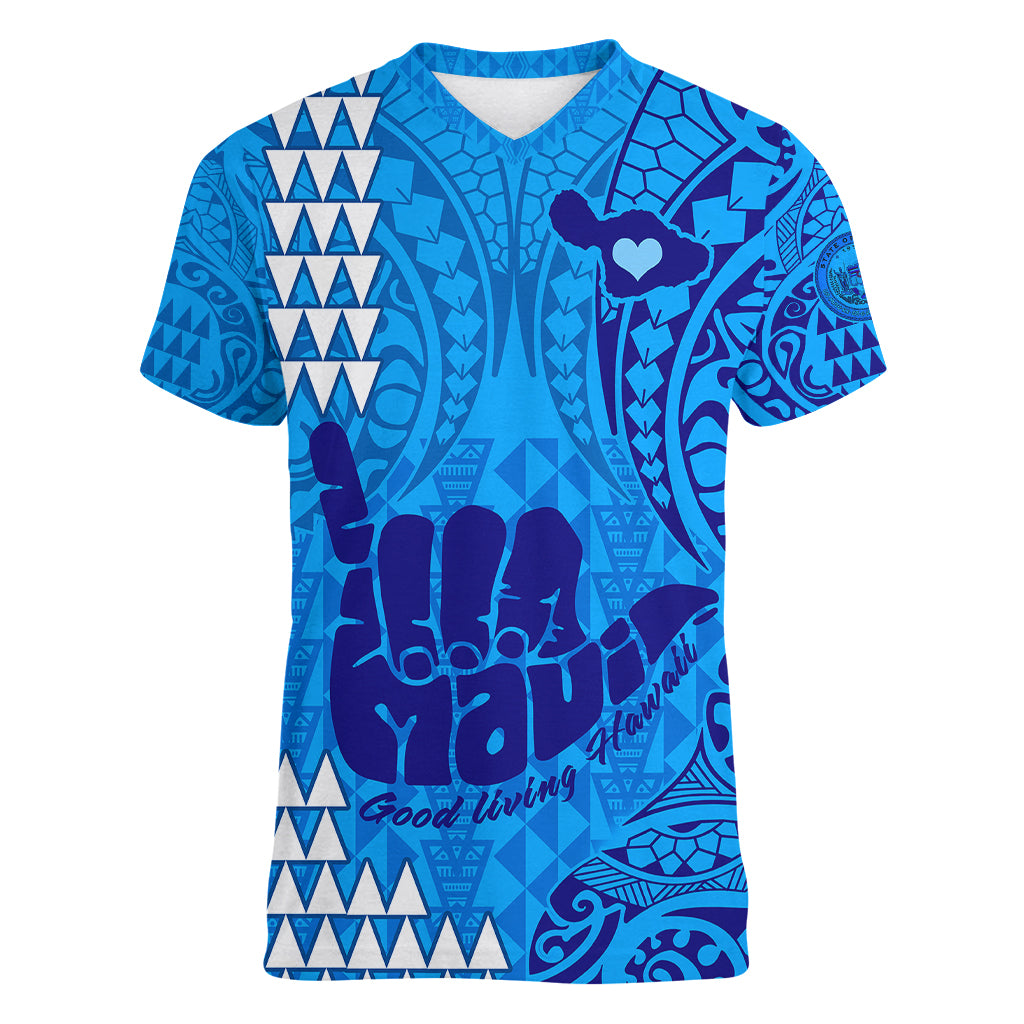 Personalised Strong Maui Women V Neck T Shirt Good Living Hawaii with Shaka Sign Kakau Tribal Blue LT9 Female Blue - Polynesian Pride