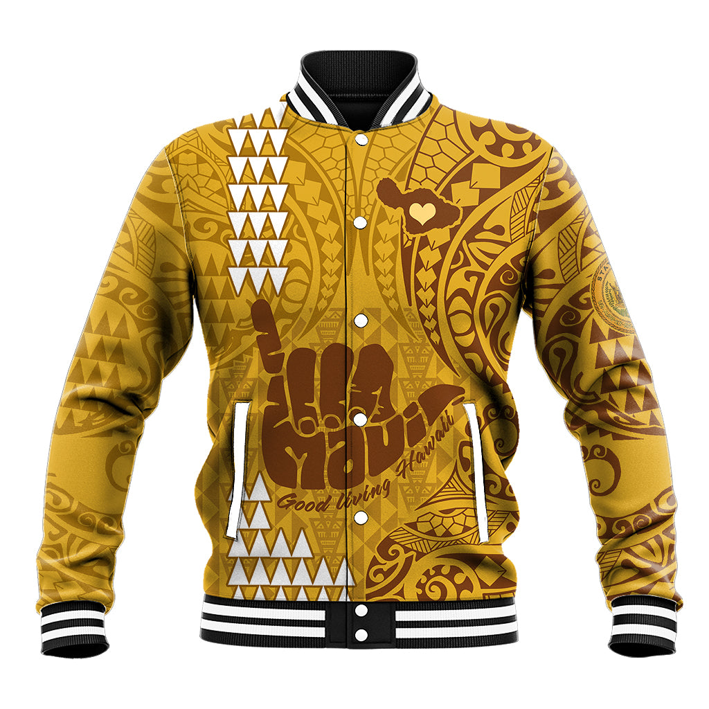 Strong Maui Baseball Jacket Good Living Hawaii with Shaka Sign Kakau Tribal Gold LT9 Unisex Gold - Polynesian Pride