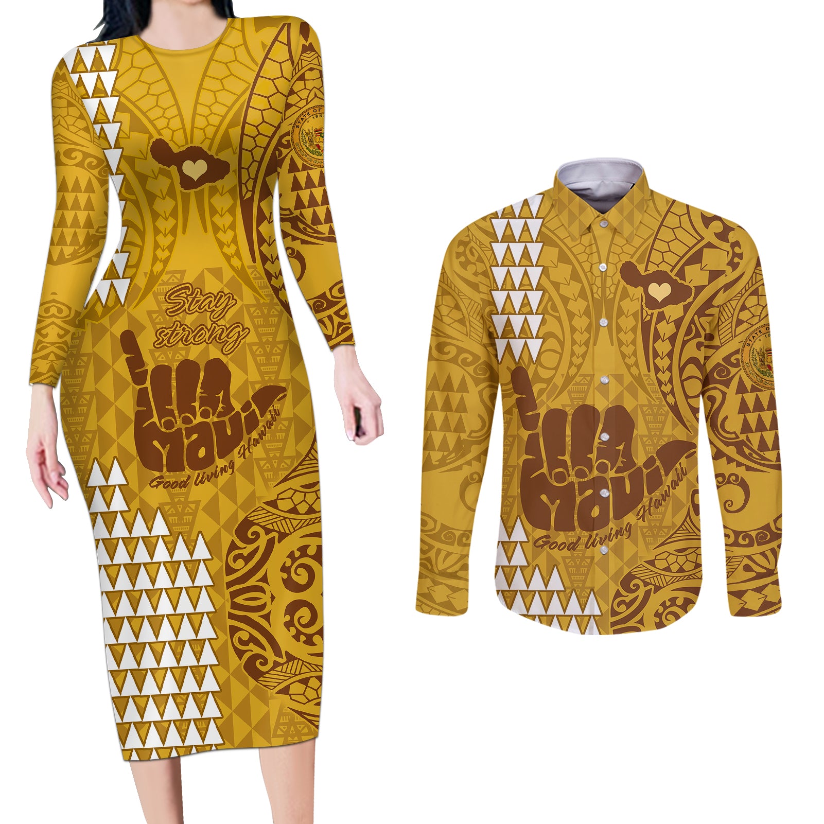 Strong Maui Couples Matching Long Sleeve Bodycon Dress and Long Sleeve Button Shirts Good Living Hawaii with Shaka Sign Kakau Tribal Gold LT9 Gold - Polynesian Pride